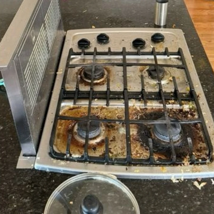 Stove top before and after professional cleaning by Catherine's Cleaning